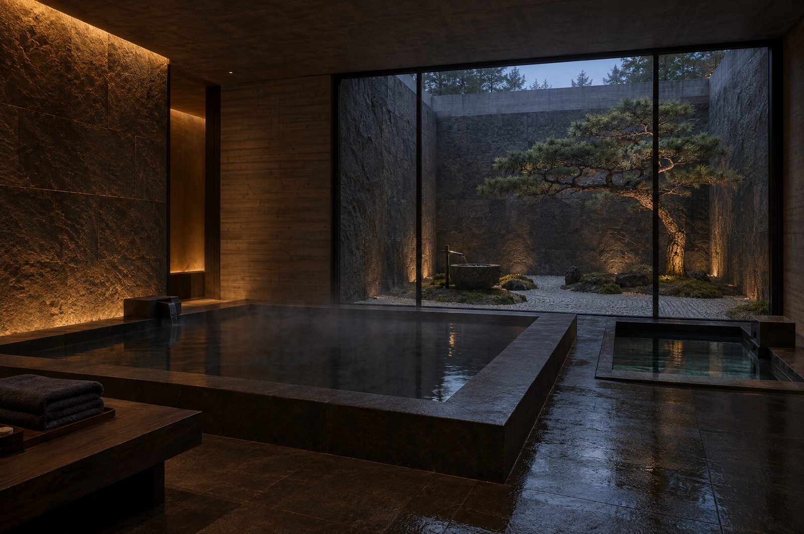 Bathhouse with hot bath and cold plunge facing the pine courtyard