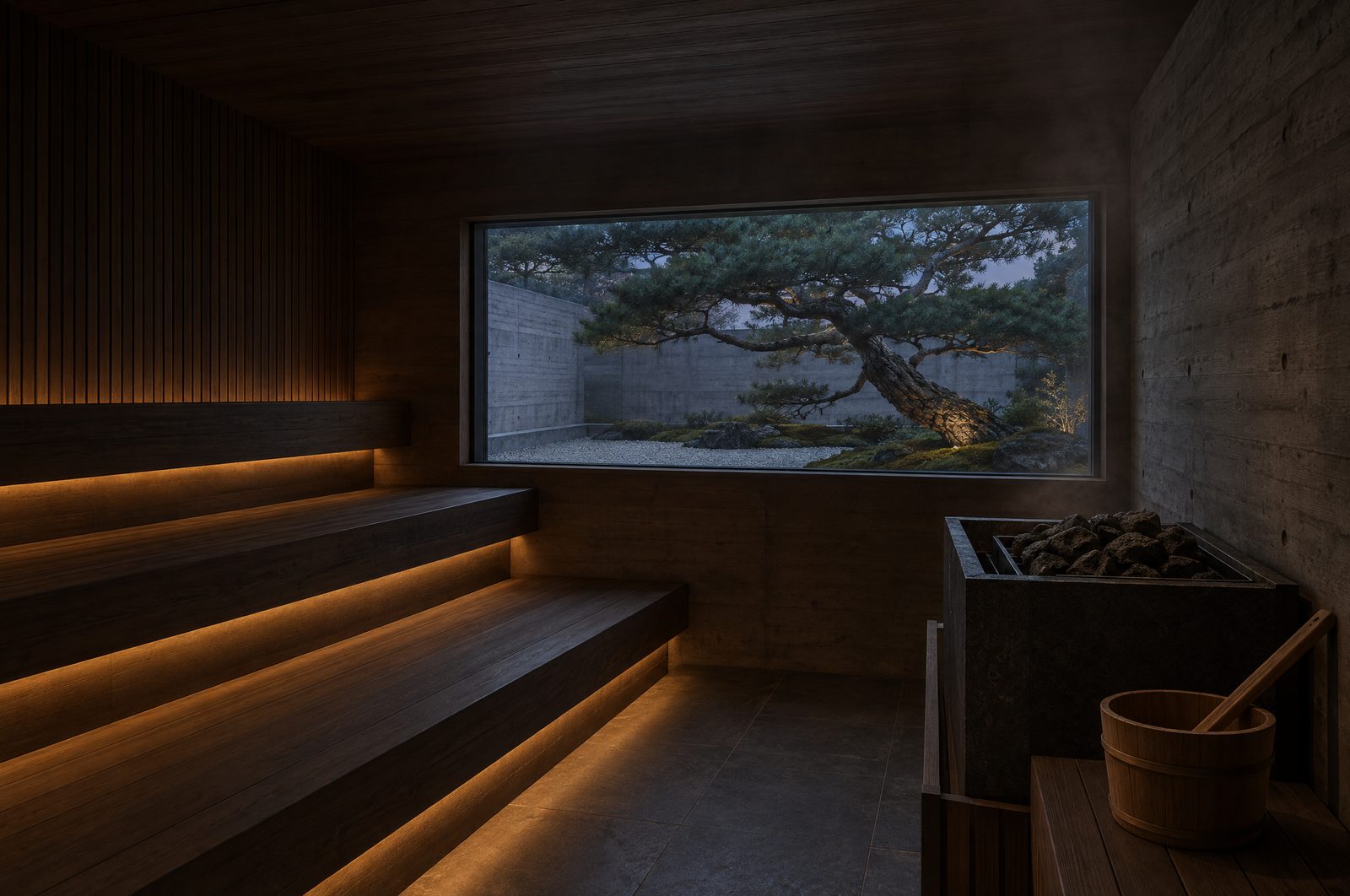 Cedar sauna with a window onto the pine courtyard