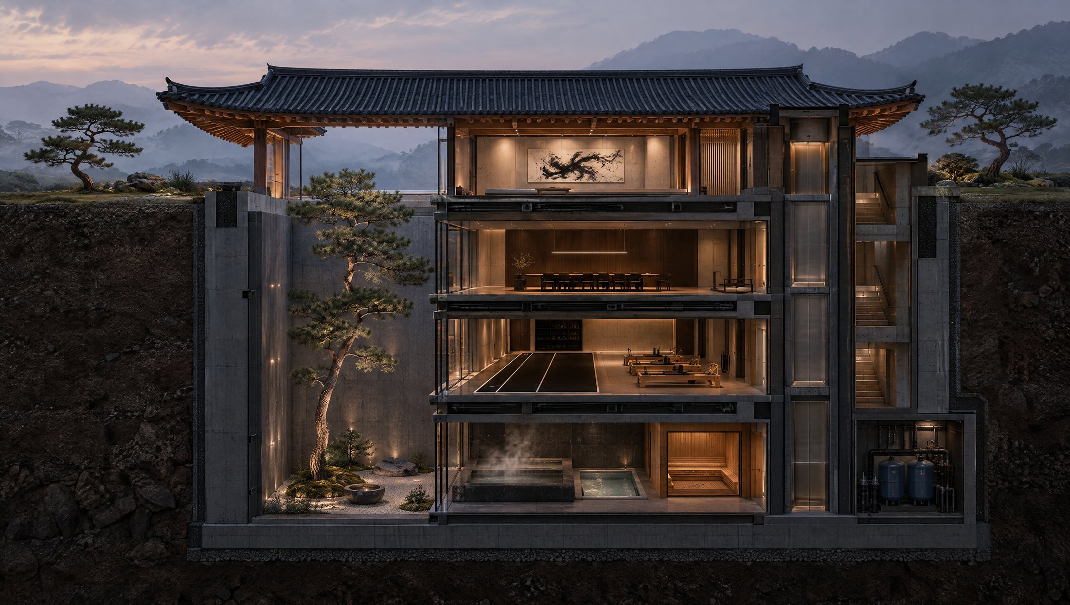 Section of the house: gallery above ground, dining, training and bathhouse below, all facing a sunken pine courtyard